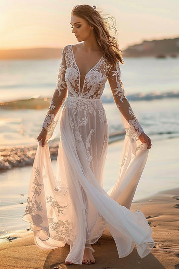 White Long Sleeve Wedding Dress With Appliques